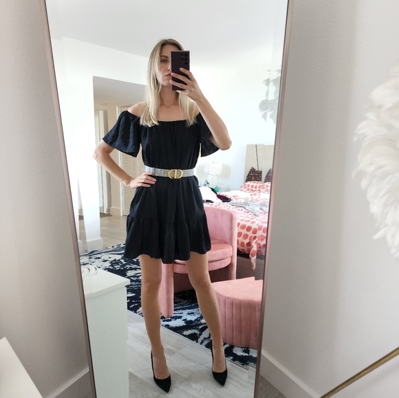 BANANA REPUBLIC BLACK OFF THE SHOULDER RUFFLE DRESS XS Petite - Picture 5 of 7